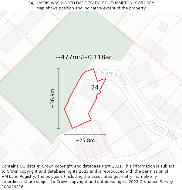 24, HARRIS WAY, NORTH BADDESLEY, SOUTHAMPTON, SO52 9PA: Plot and title map