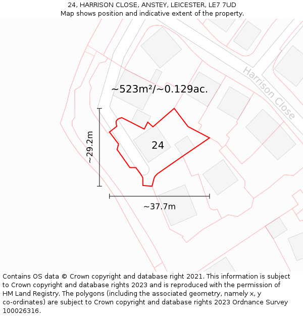 24, HARRISON CLOSE, ANSTEY, LEICESTER, LE7 7UD: Plot and title map