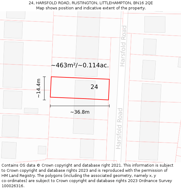 24, HARSFOLD ROAD, RUSTINGTON, LITTLEHAMPTON, BN16 2QE: Plot and title map