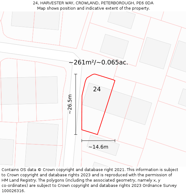 24, HARVESTER WAY, CROWLAND, PETERBOROUGH, PE6 0DA: Plot and title map