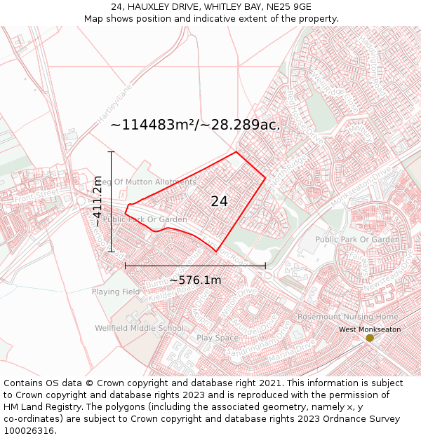 24, HAUXLEY DRIVE, WHITLEY BAY, NE25 9GE: Plot and title map