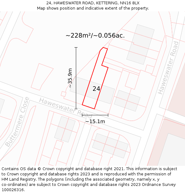 24, HAWESWATER ROAD, KETTERING, NN16 8LX: Plot and title map