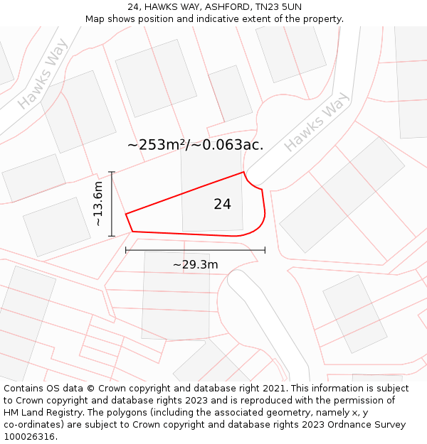 24, HAWKS WAY, ASHFORD, TN23 5UN: Plot and title map