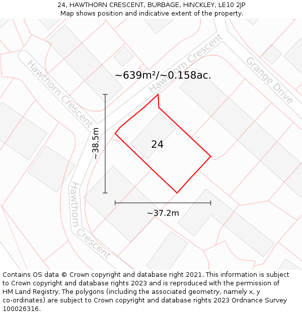 24, HAWTHORN CRESCENT, BURBAGE, HINCKLEY, LE10 2JP: Plot and title map