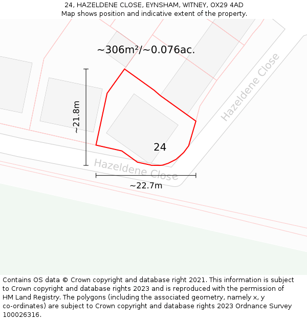 24, HAZELDENE CLOSE, EYNSHAM, WITNEY, OX29 4AD: Plot and title map