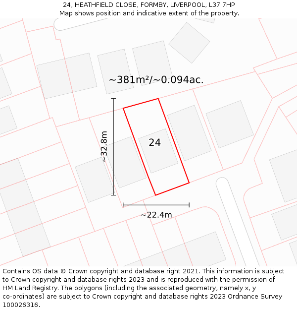 24, HEATHFIELD CLOSE, FORMBY, LIVERPOOL, L37 7HP: Plot and title map