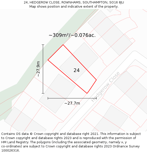 24, HEDGEROW CLOSE, ROWNHAMS, SOUTHAMPTON, SO16 8JU: Plot and title map
