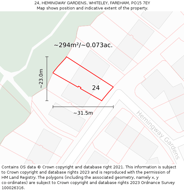 24, HEMINGWAY GARDENS, WHITELEY, FAREHAM, PO15 7EY: Plot and title map