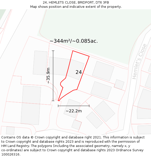 24, HEMLETS CLOSE, BRIDPORT, DT6 3FB: Plot and title map