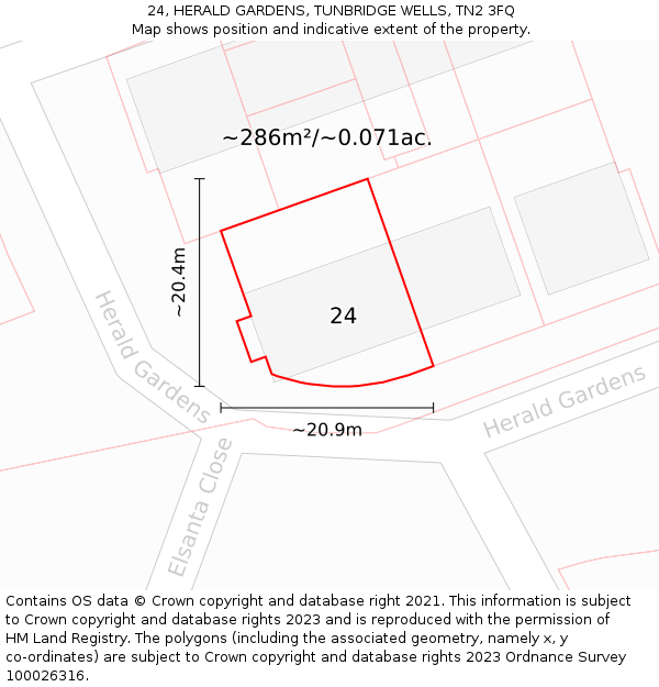 24, HERALD GARDENS, TUNBRIDGE WELLS, TN2 3FQ: Plot and title map