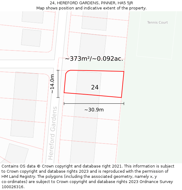 24, HEREFORD GARDENS, PINNER, HA5 5JR: Plot and title map