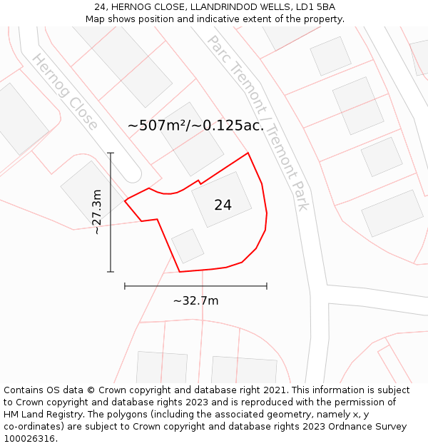 24, HERNOG CLOSE, LLANDRINDOD WELLS, LD1 5BA: Plot and title map