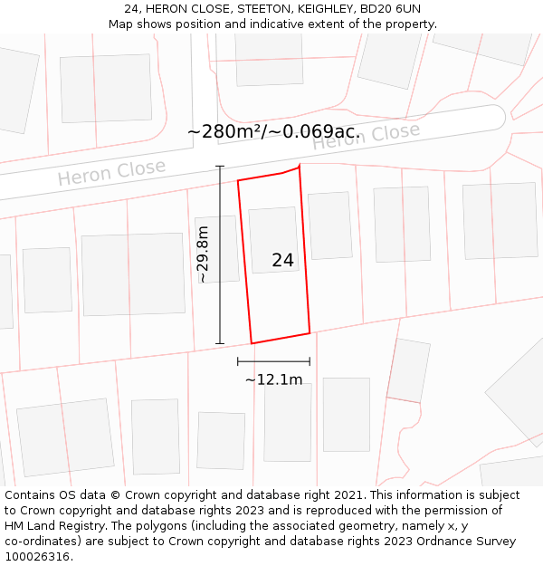 24, HERON CLOSE, STEETON, KEIGHLEY, BD20 6UN: Plot and title map