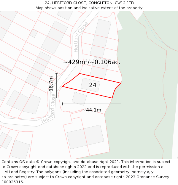 24, HERTFORD CLOSE, CONGLETON, CW12 1TB: Plot and title map