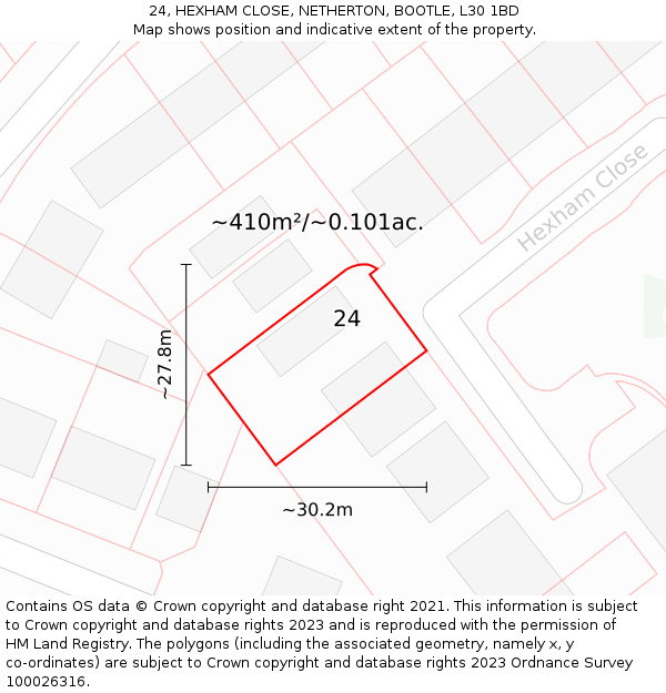 24, HEXHAM CLOSE, NETHERTON, BOOTLE, L30 1BD: Plot and title map