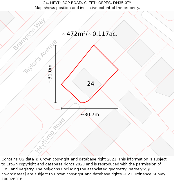 24, HEYTHROP ROAD, CLEETHORPES, DN35 0TY: Plot and title map