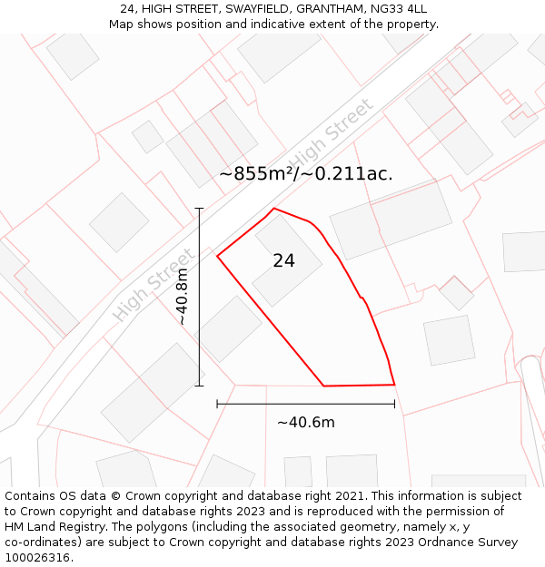 24, HIGH STREET, SWAYFIELD, GRANTHAM, NG33 4LL: Plot and title map