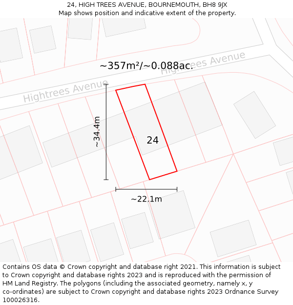 24, HIGH TREES AVENUE, BOURNEMOUTH, BH8 9JX: Plot and title map