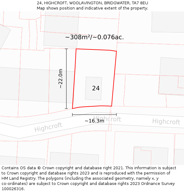 24, HIGHCROFT, WOOLAVINGTON, BRIDGWATER, TA7 8EU: Plot and title map