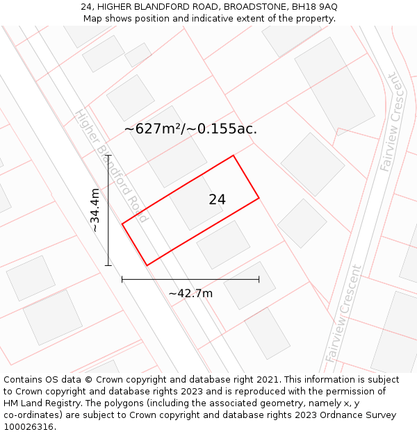 24, HIGHER BLANDFORD ROAD, BROADSTONE, BH18 9AQ: Plot and title map