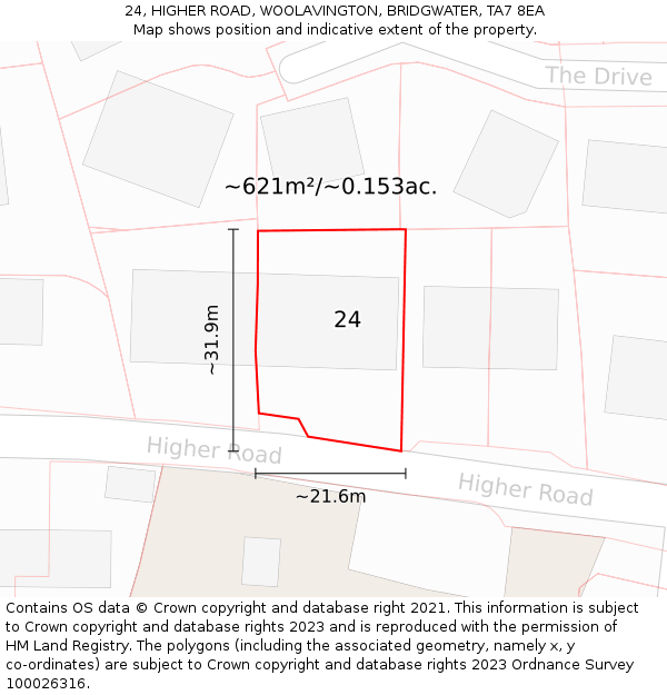 24, HIGHER ROAD, WOOLAVINGTON, BRIDGWATER, TA7 8EA: Plot and title map