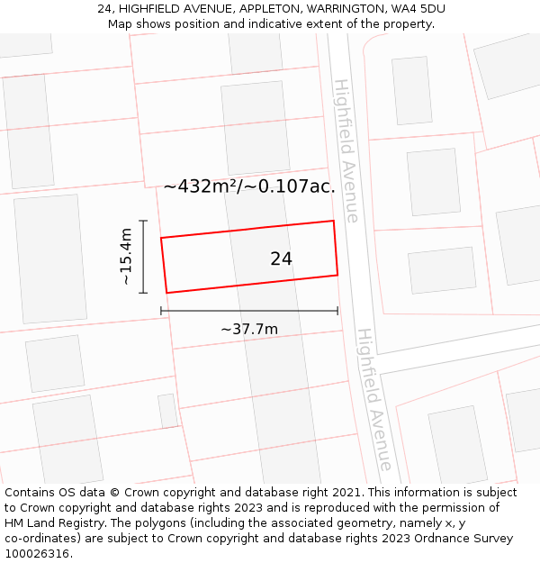 24, HIGHFIELD AVENUE, APPLETON, WARRINGTON, WA4 5DU: Plot and title map