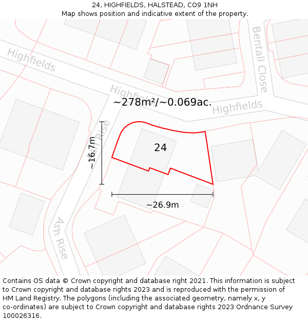 24, HIGHFIELDS, HALSTEAD, CO9 1NH: Plot and title map