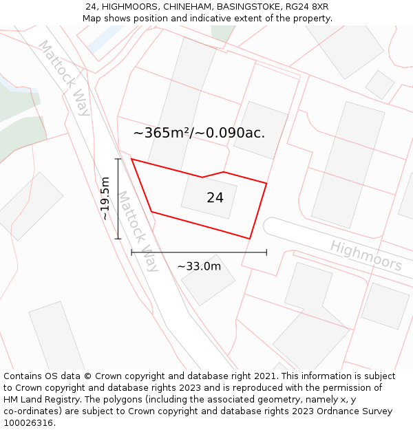 24, HIGHMOORS, CHINEHAM, BASINGSTOKE, RG24 8XR: Plot and title map