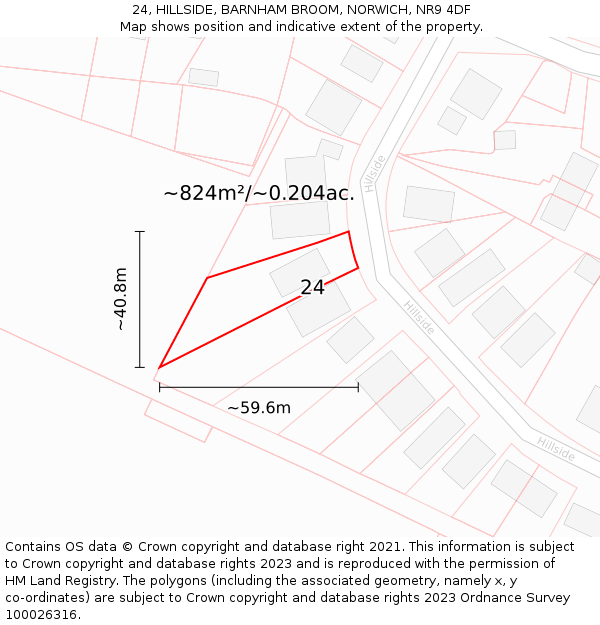 24, HILLSIDE, BARNHAM BROOM, NORWICH, NR9 4DF: Plot and title map