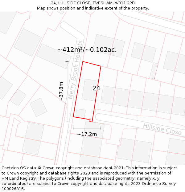 24, HILLSIDE CLOSE, EVESHAM, WR11 2PB: Plot and title map