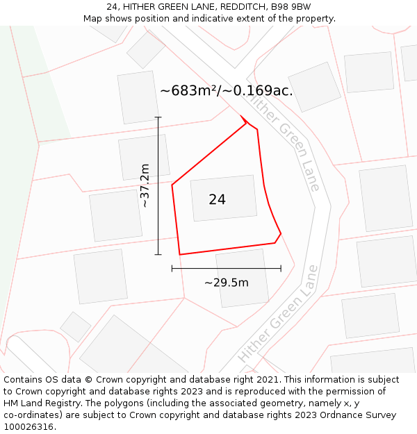 24, HITHER GREEN LANE, REDDITCH, B98 9BW: Plot and title map