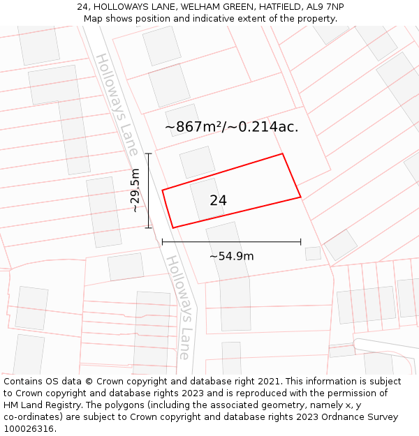 24, HOLLOWAYS LANE, WELHAM GREEN, HATFIELD, AL9 7NP: Plot and title map