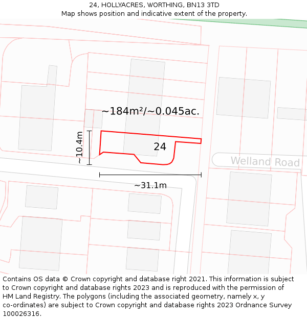 24, HOLLYACRES, WORTHING, BN13 3TD: Plot and title map