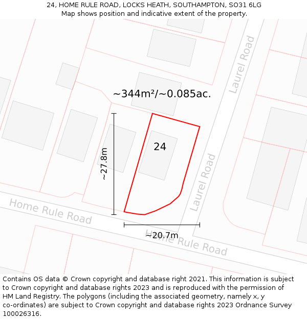 24, HOME RULE ROAD, LOCKS HEATH, SOUTHAMPTON, SO31 6LG: Plot and title map