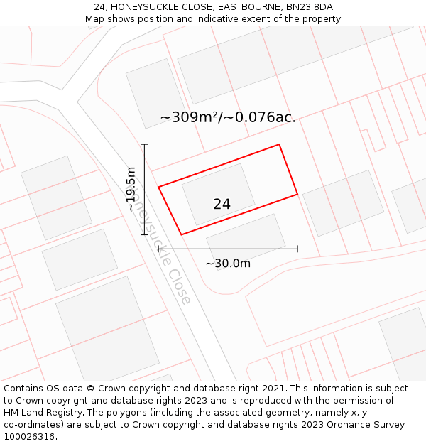 24, HONEYSUCKLE CLOSE, EASTBOURNE, BN23 8DA: Plot and title map