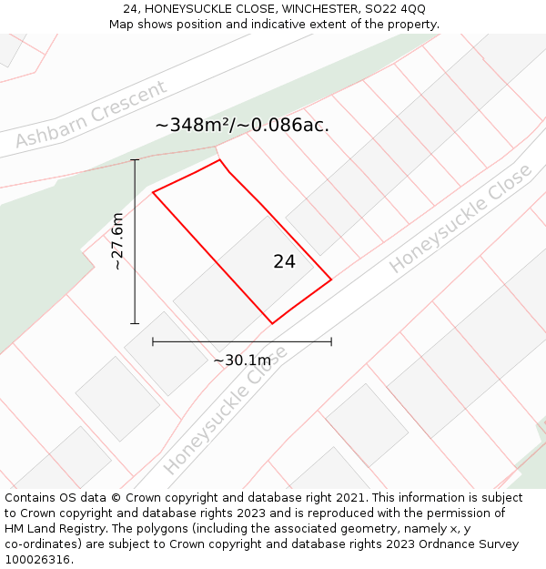 24, HONEYSUCKLE CLOSE, WINCHESTER, SO22 4QQ: Plot and title map