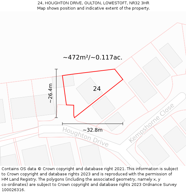 24, HOUGHTON DRIVE, OULTON, LOWESTOFT, NR32 3HR: Plot and title map