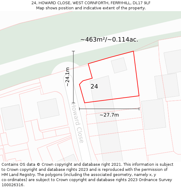 24, HOWARD CLOSE, WEST CORNFORTH, FERRYHILL, DL17 9LF: Plot and title map