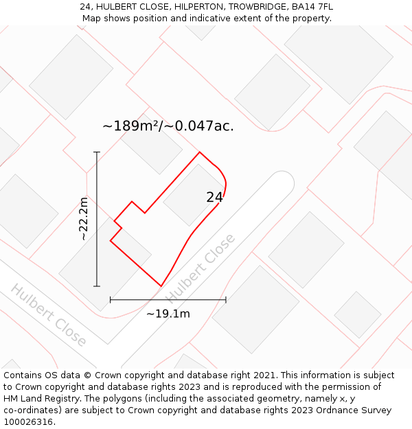24, HULBERT CLOSE, HILPERTON, TROWBRIDGE, BA14 7FL: Plot and title map
