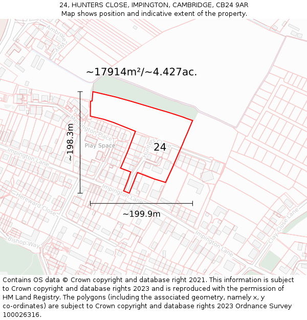 24, HUNTERS CLOSE, IMPINGTON, CAMBRIDGE, CB24 9AR: Plot and title map