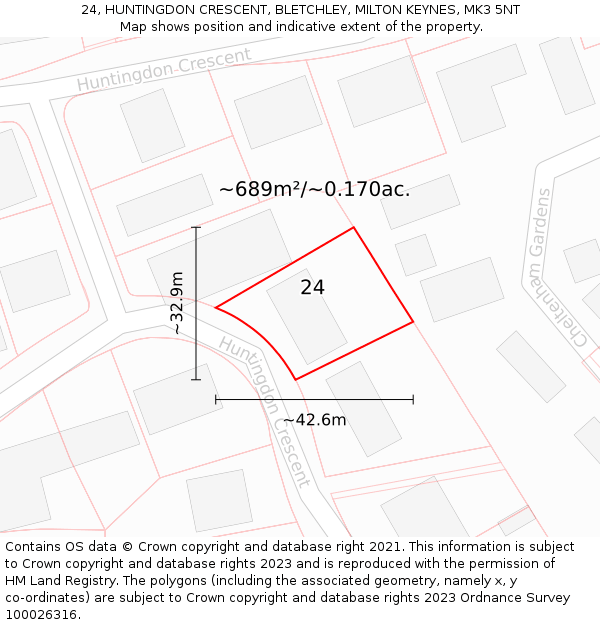 24, HUNTINGDON CRESCENT, BLETCHLEY, MILTON KEYNES, MK3 5NT: Plot and title map