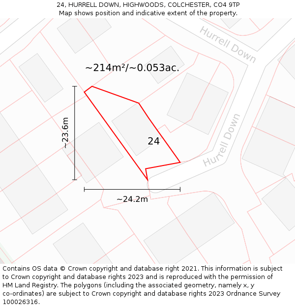 24, HURRELL DOWN, HIGHWOODS, COLCHESTER, CO4 9TP: Plot and title map
