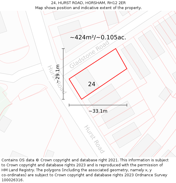24, HURST ROAD, HORSHAM, RH12 2ER: Plot and title map