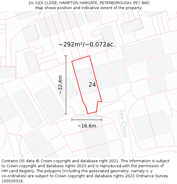 24, ILEX CLOSE, HAMPTON HARGATE, PETERBOROUGH, PE7 8AD: Plot and title map