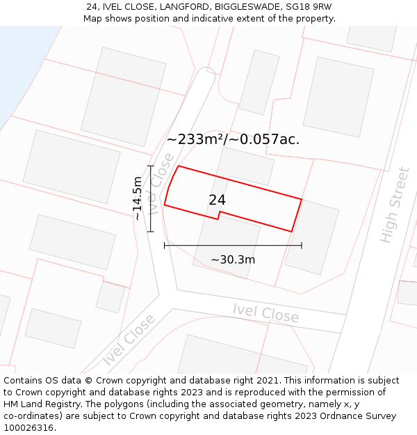 24, IVEL CLOSE, LANGFORD, BIGGLESWADE, SG18 9RW: Plot and title map