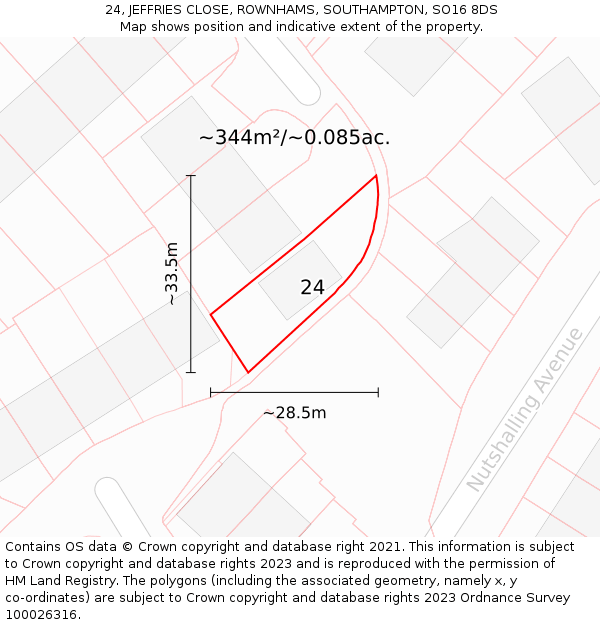 24, JEFFRIES CLOSE, ROWNHAMS, SOUTHAMPTON, SO16 8DS: Plot and title map