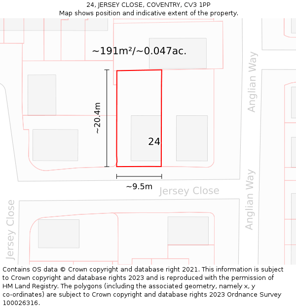 24, JERSEY CLOSE, COVENTRY, CV3 1PP: Plot and title map