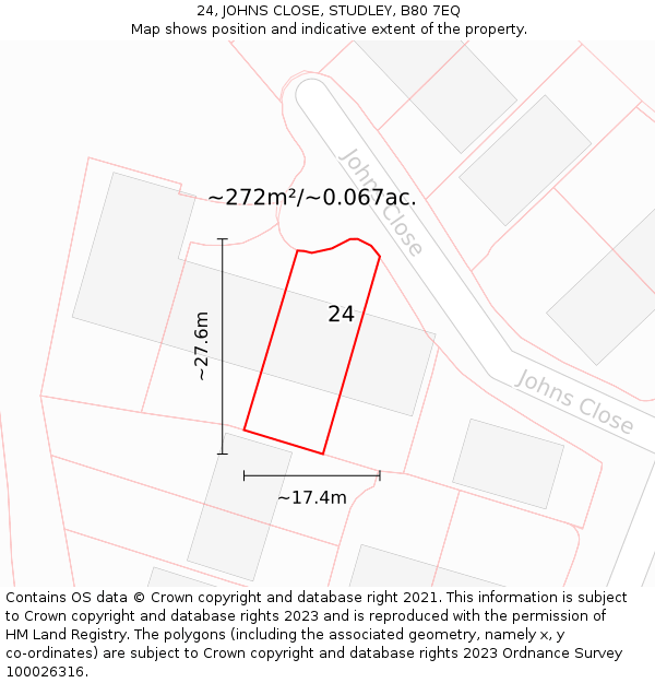 24, JOHNS CLOSE, STUDLEY, B80 7EQ: Plot and title map