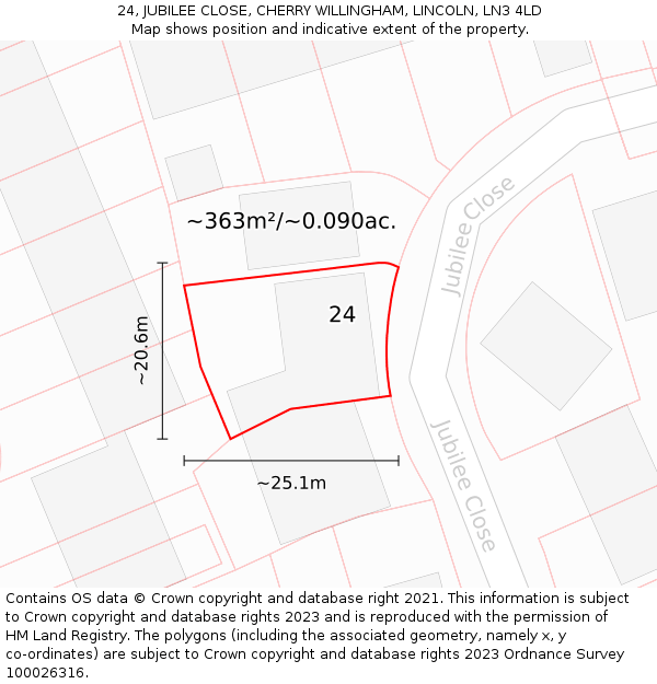 24, JUBILEE CLOSE, CHERRY WILLINGHAM, LINCOLN, LN3 4LD: Plot and title map