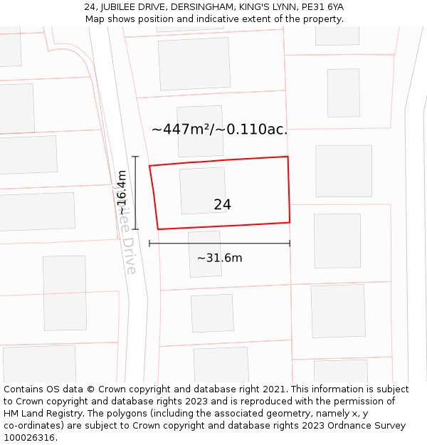 24, JUBILEE DRIVE, DERSINGHAM, KING'S LYNN, PE31 6YA: Plot and title map